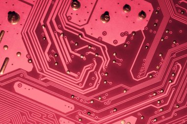 Elektronik devre kartı soyut arkaplan. Bilgisayar ana kartı kapat. Modern teknolojiler. Bağlantıları ve izleri olan mikro elementler. Akıllı teknoloji.