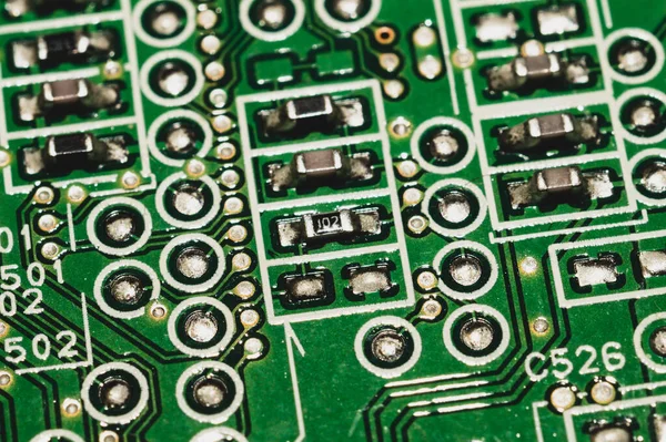 电子电路板抽象背景 电脑主板关闭 现代技术 连接和跟踪的计算机的微量元素 智能技术 — 图库照片