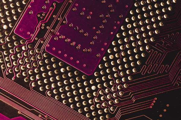 处理器销宏 电脑主板关闭 线路板上的Cpu销 计算机中央处理器的微量元素 现代技术的抽象背景 — 图库照片