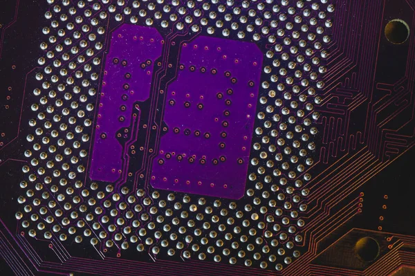 处理器销宏 电脑主板关闭 线路板上的Cpu销 计算机中央处理器的微量元素 现代技术的抽象背景 — 图库照片