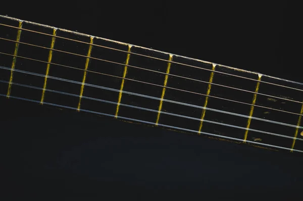 Pescoço Guitarra Acústica Perto Macro Cordas Guitarra Instrumento Musical — Fotografia de Stock