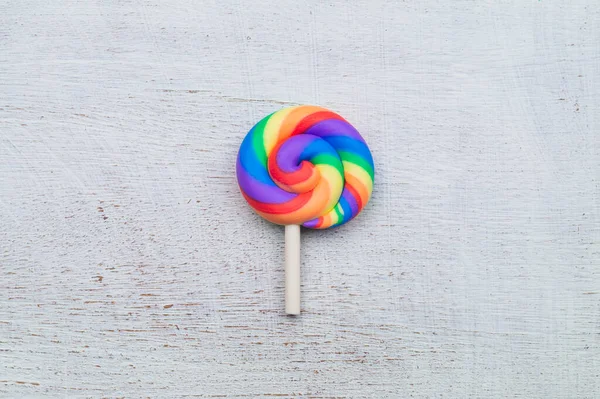 Lollipop White Wooden Background Colorful Candy Close Copy Space — Stock Photo, Image