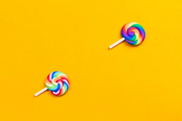 Lollipops Close Colorful Candies Yellow Background Festive Decoration Copy Space — Stock Photo, Image