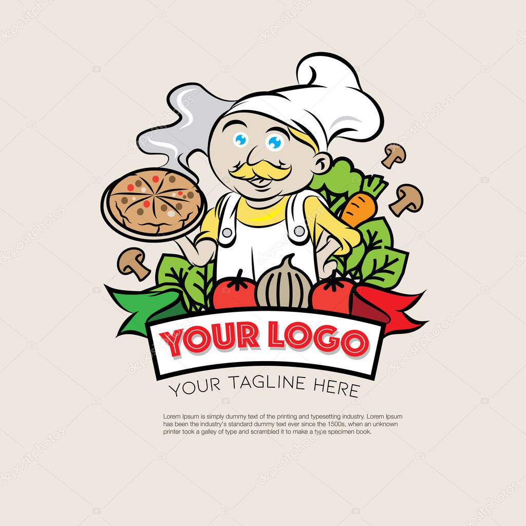 European restaurant logo with  a cute chef cartoon character vector illustration.