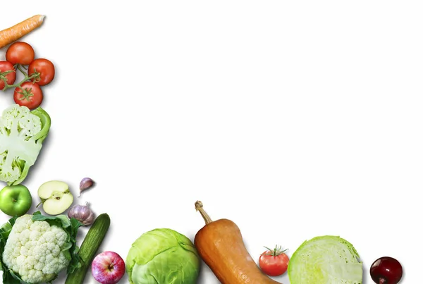 Egészséges táplálkozás háttér. Étel fotózás különböző gyümölcsök és zöldségek elszigetelt fehér háttér. Másolja a hely. Nagy felbontású termék — Stock Fotó