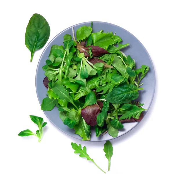 Taze yeşil salata, ıspanak, roka, romaine ve marul, beyaz arka planda, üst manzara..