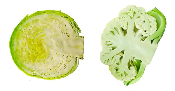 Repolho de corte verde e couve-flor isolado no fundo branco — Fotografia de Stock
