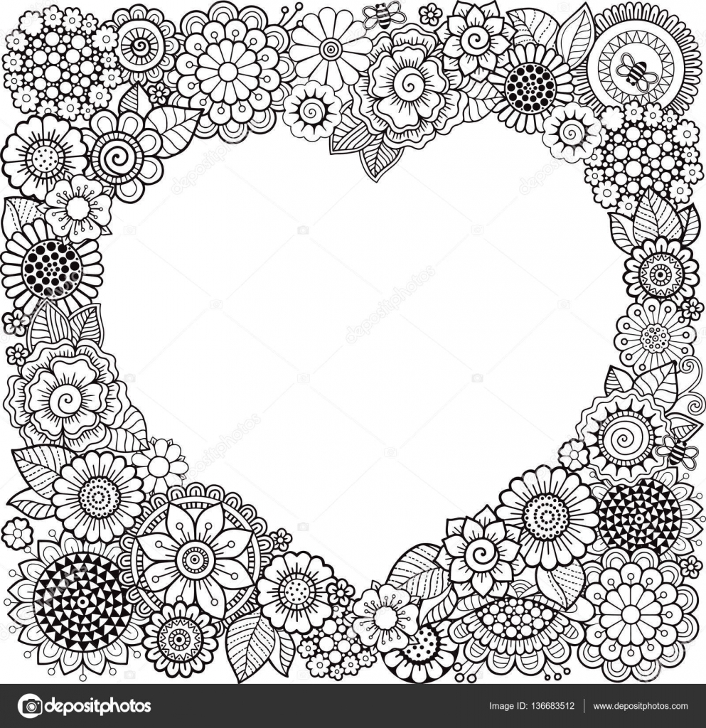 Scheda di a forma di cuore con i fiori Vector il libro da colorare per
