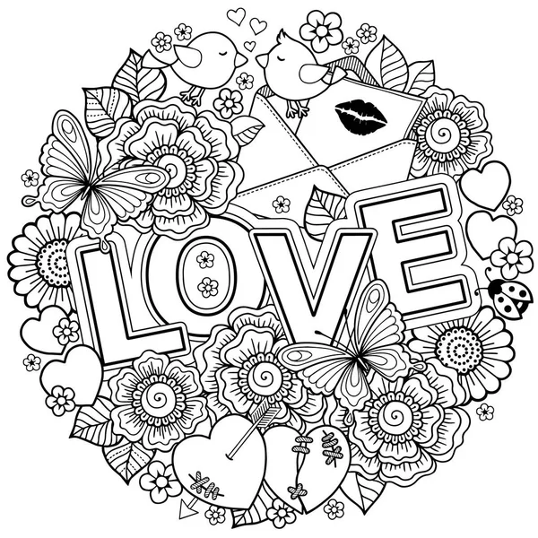 Vector målarbok för vuxna. Design för bröllopinbjudningar och alla hjärtans dag abstrakta blommor, hjärtan, kuvert, pil, hjärta, fågel, kiss, fjäril — Stock vektor