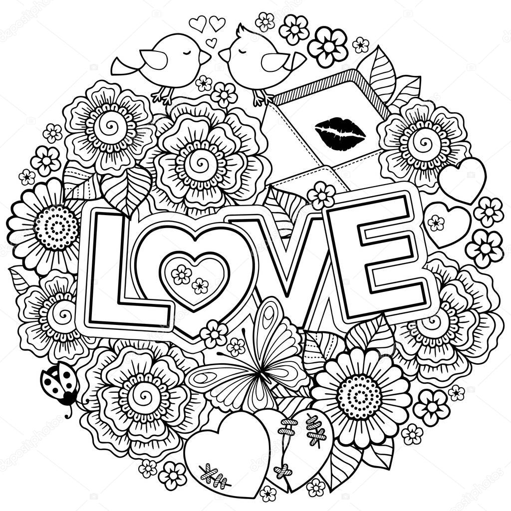 Vector coloring book for Adult.  Design for wedding invitations and Valentine's Day  of abstract flowers, hearts, envelope, arrow, heart, bird, kiss, butterfly