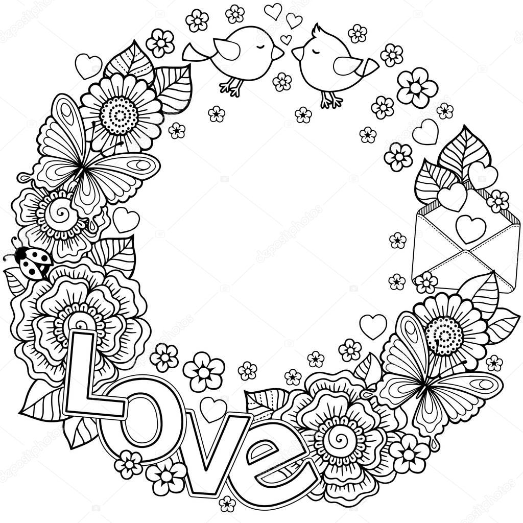 Download Vector Coloring page for adult. Round shape made of Abstract flowers, butterflies, birds kissing ...