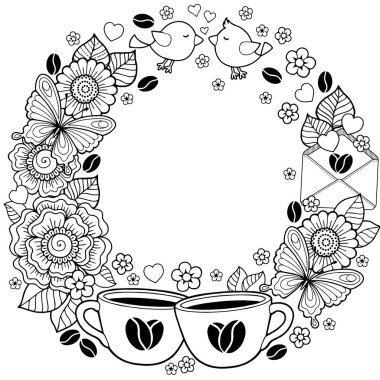  Seni seviyorum. İyi günler. Arka plan çiçekler, su bardağı, kelebek ve kuş yapılmış 