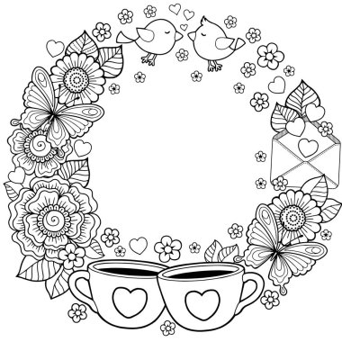  Seni seviyorum. İyi günler. Arka plan çiçekler, su bardağı, kelebek ve kuş yapılmış 