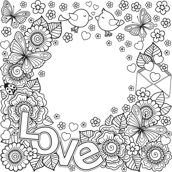 Je t'aime. Livre de coloriage abstrait vectoriel pour adulte. Conception pour les invitations de mariage et la Saint-Valentin de fleurs abstraites, coeurs, enveloppe, flèche, coeur, oiseau, baiser, papillon . — Image vectorielle