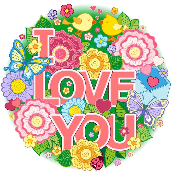 Je t'aime. Rond abstrait composé de fleurs, tasses, papillons et oiseaux — Image vectorielle