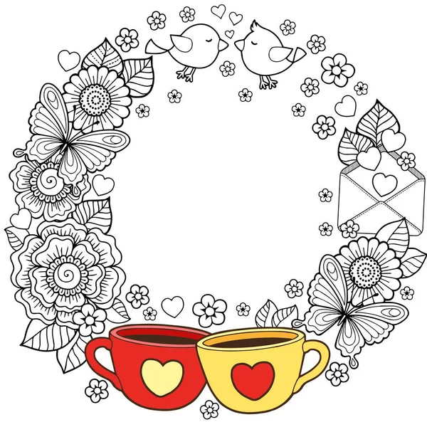 Ben kahve ve seni seviyorum. Yuvarlak skeç. Arka plan çiçekler, su bardağı, kelebek ve kuş yapılmış