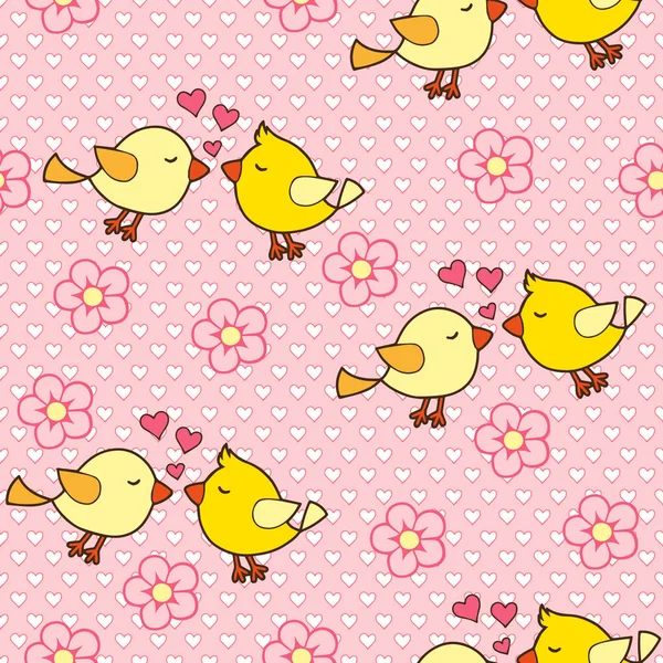I love you, kiss me. Cute kissing birds. Seamless pattern for gift wrapping, congratulations, wedding invitations and Valentine's Day — Stock Vector