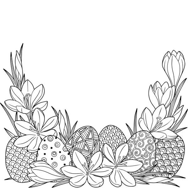 Frühlingsblumen-Vignette mit Krokussen und Ostereiern. Vektorelemente isoliert. Schwarz-Weiß-Bild für erwachsene Entspannung. Hintergrund für die Gestaltung von Karten zu Ostern. — Stockvektor