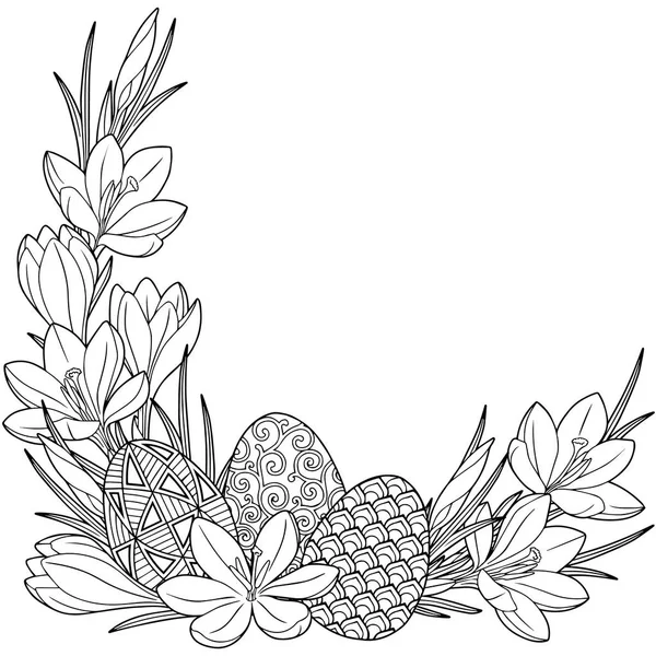 Frühlingsblumen-Vignette mit Krokussen und Ostereiern. Vektorelemente isoliert. Schwarz-Weiß-Bild für erwachsene Entspannung. Hintergrund für die Gestaltung von Karten zu Ostern. — Stockvektor