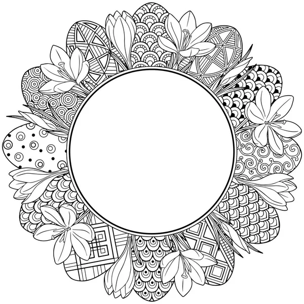 Feliz Pascua. Vignette Redonda de Huevos y Cruces de Pascua de Doodle en Blanco y Negro. Libro para colorear para adultos para relajarse y meditar . — Vector de stock