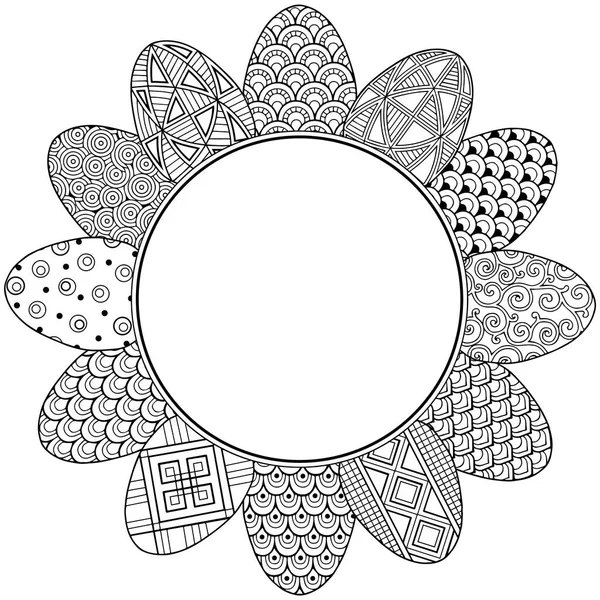 Joyeuse Pâques. Vignette ronde d'oeufs de Pâques de caniche noir et blanc. Livre à colorier pour adultes pour la détente et la méditation. Copie matricielle . — Image vectorielle