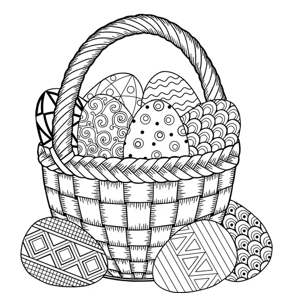 Feliz Pascua. Huevos de Pascua Doodle en blanco y negro en la cesta. Libro para colorear para adultos para relajarse y meditar. Elementos aislados vectoriales — Archivo Imágenes Vectoriales