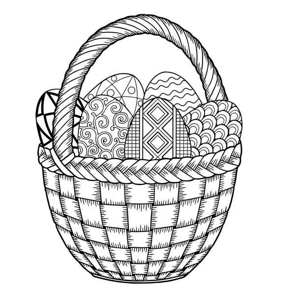 Feliz Pascua. Huevos de Pascua Doodle en blanco y negro en la cesta. Libro para colorear para adultos para relajarse y meditar. Elementos aislados vectoriales — Vector de stock