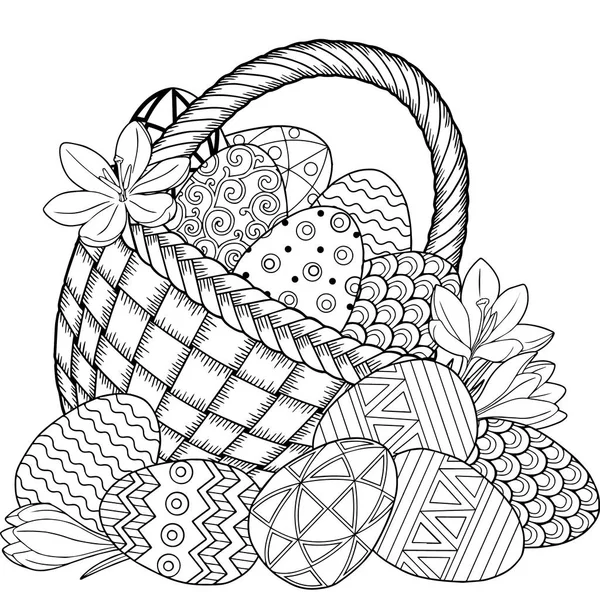 Счастливой Пасхи. Черно-белые пасхальные яйца в корзине. Раскраска для взрослых для отдыха и медитации. Векторные изолированные элементы — стоковый вектор