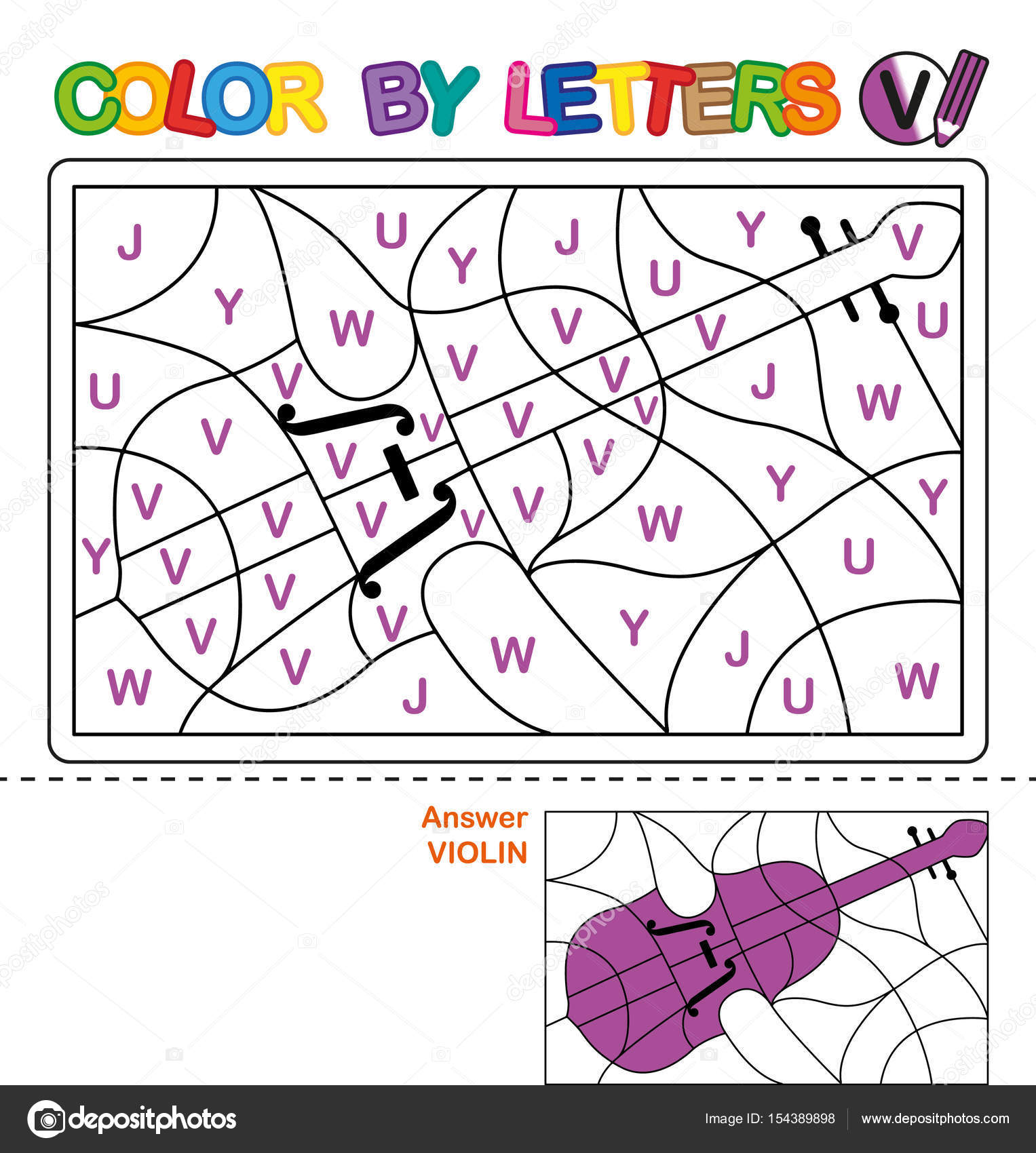ABC libro da colorare per bambini Colore di lettere Imparare le lettere maiuscole dell alfabeto Puzzle per bambini Lettera V violino