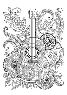 Vector Coloring Book for adult and relax. Guitar. Maxican clipart