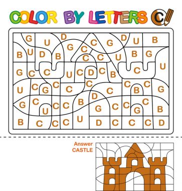 ABC çocuklar için boyama kitabı. Harflerin renk. Büyük harf alfabe öğrenme. Çocuklar için bulmaca. C harfi Castle. Okul öncesi eğitim.