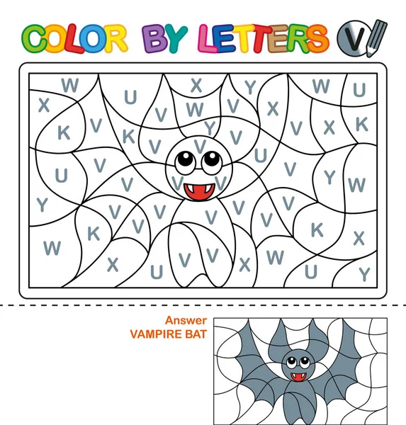 Libro para colorear ABC para niños. Color por letras. Aprender las letras mayúsculas del alfabeto. Puzzle para niños. Letra V. Murciélago vampiro. Educación preescolar . — Vector de stock