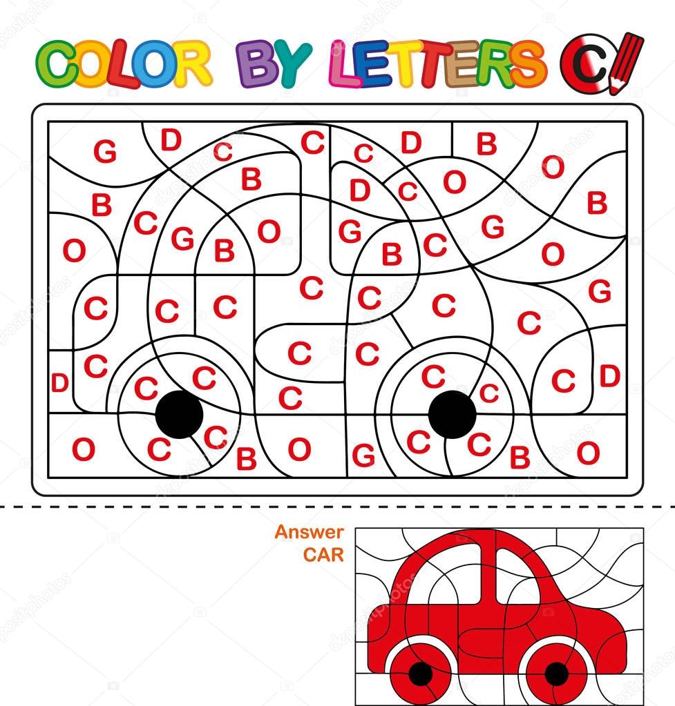 ABC Coloring Book for children. Color by letters. Learning the capital letters of the alphabet. Puzzle for children. Letter C. Car. Preschool Education.