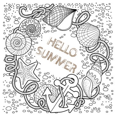 Boyama kitabı için yetişkin, meditasyon için vektör ve rahatla. Adam Satıyoruz, çapa, kabukları, taş ve kum. İzole öğeleri beyaz bir arka plan üzerinde siyah beyaz resim