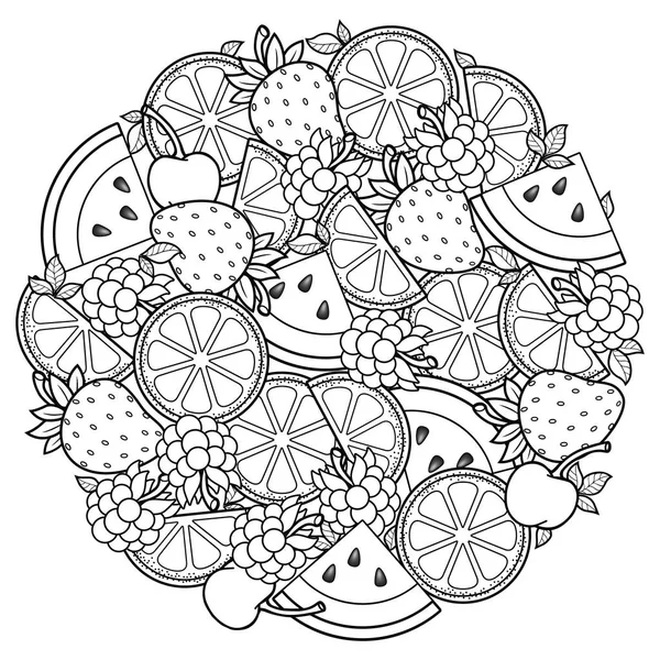 Libro da colorare vettoriale per adulti, per meditazione e relax. Forma rotonda di anguria, fragole, agrumi, ciliegie e fragole. Immagine in bianco e nero su sfondo bianco di elementi isolati — Vettoriale Stock
