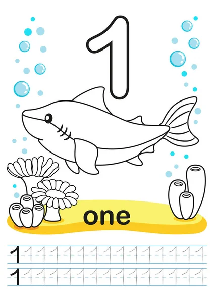 Mengmewarnai lembar kerja yang dapat dicetak untuk TK dan prasekolah. Ikan lucu yang terang, kepiting, ubur-ubur, kerang, gurita, kehidupan laut lainnya, tanaman, karang di latar belakang laut - Stok Vektor