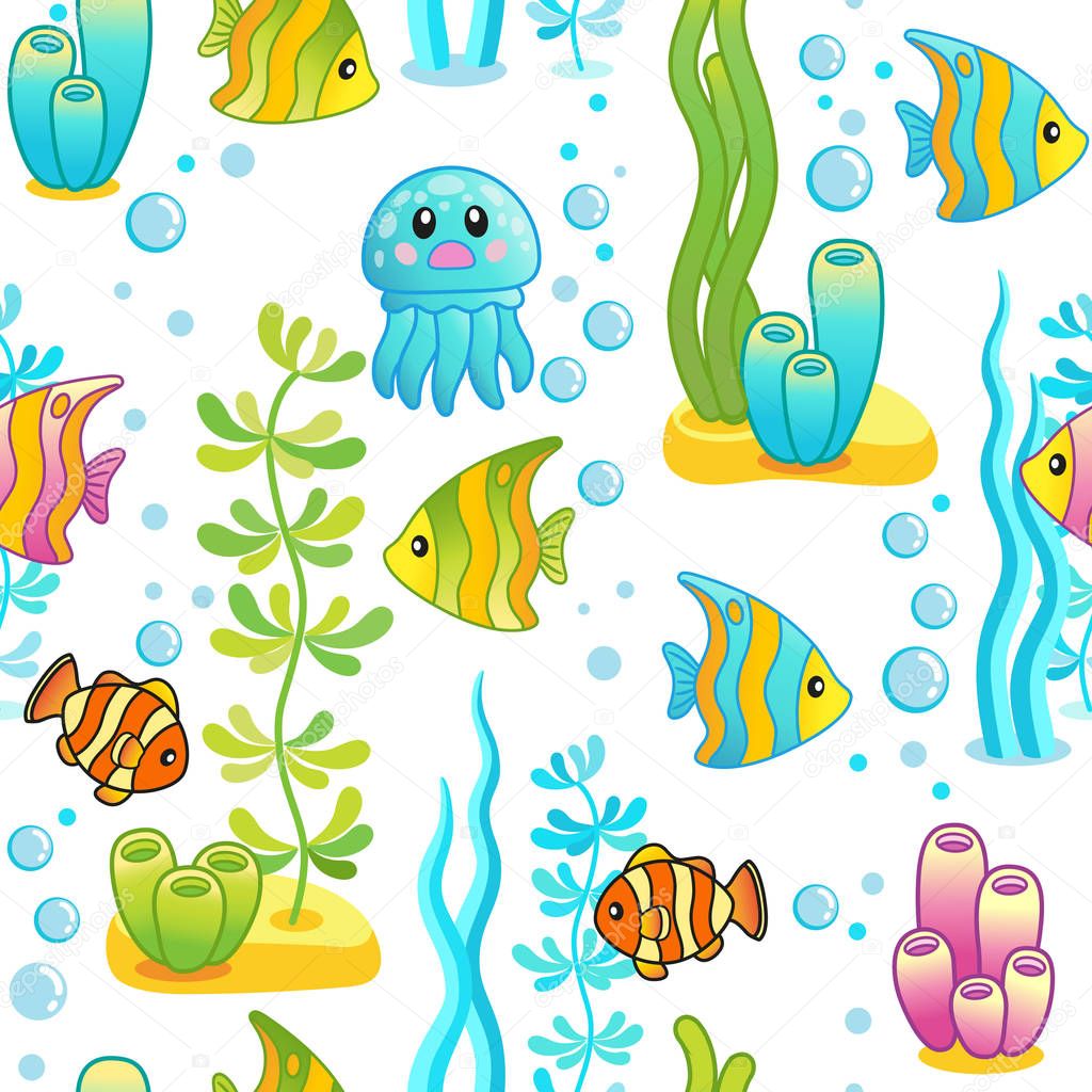 Vector seamless pattern with underwater design and funny sea creatures. Aquarium Party Surface Design with Bright tropical fishes on the white background.