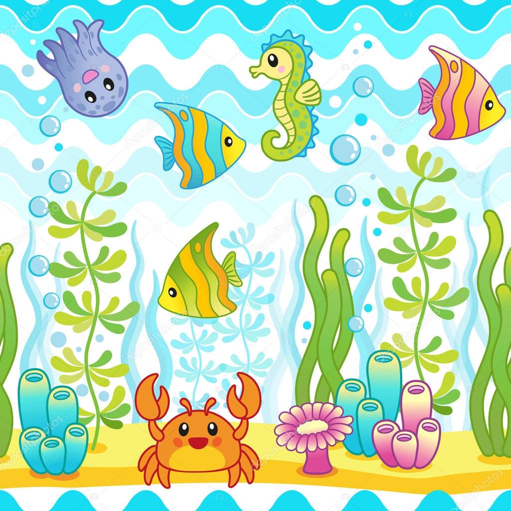 Vector seamless pattern with underwater design and funny sea creatures. Aquarium Party Surface Design with Bright fishes, red crab, octopus and seahorse.