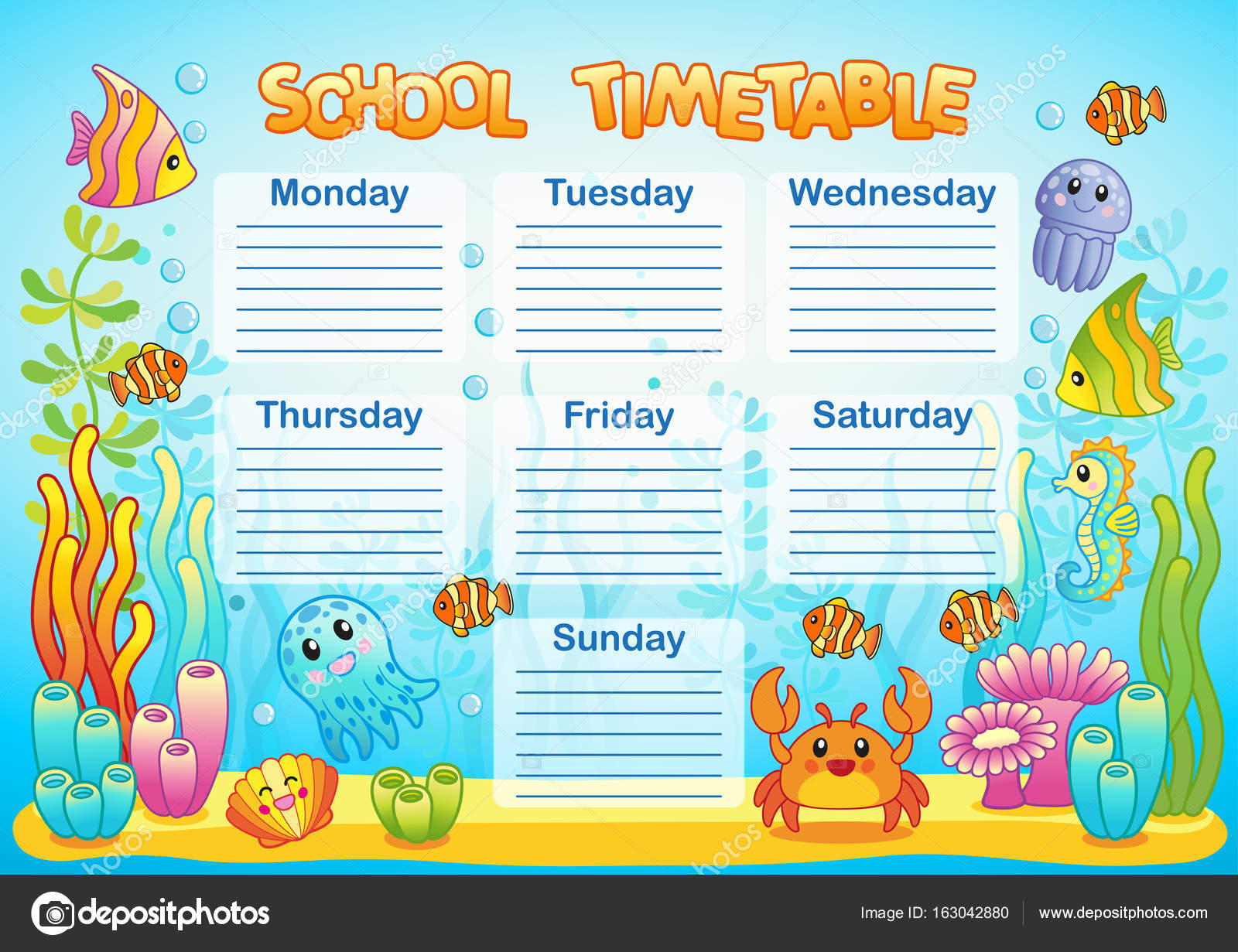 Design of the school timetable for kids. Bright underwater background for  the planning of the school week Stock Vector Image by ©natasha-tpr  #163042880