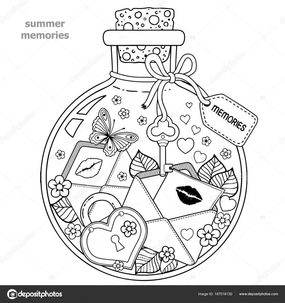 Disegni da colorare per adulti Libro da colorare per adulti Un vaso di vetro con i ricordi dell estate Una bottiglia con le API farfalle coccinella