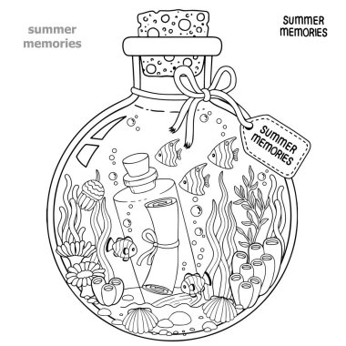 Vektör boyama kitabı yetişkinler için. Yaz anıları ile bir cam kap. Deniz canlıları - bir köpekbalığı, tropikal balık, nemo balık, Deniz anası, mercan ve deniz kabuklarını bir şişeyle.