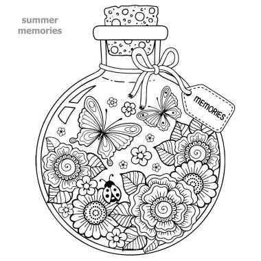 İçin yetişkin renklendirme. Vektör boyama kitabı yetişkinler için. Yaz anıları ile bir cam kap. Arılar, kelebekler, uğur böceği ve yaprakları ile bir şişe