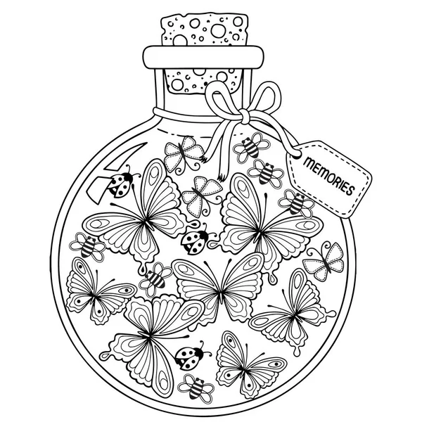 Färbung für Erwachsene. Vektor Malbuch für Erwachsene. ein Glasgefäß mit Erinnerungen an den Sommer. eine Flasche mit Bienen, Schmetterlingen und Marienkäfern — Stockvektor