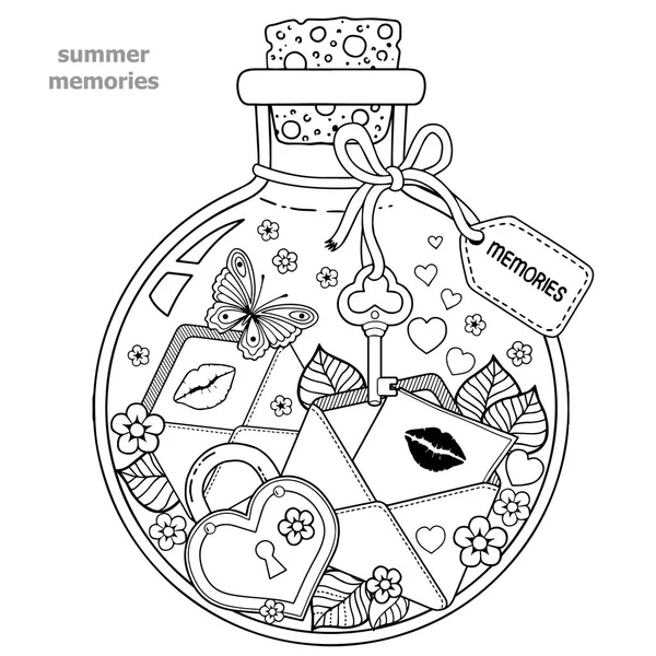 İçin yetişkin renklendirme. Boyama kitabı yetişkinler için. Yaz anıları ile bir cam kap. Arılar, kelebekler, uğur böceği, yaprakları ve öper ve kalpleri ile aşk mektupları ile bir şişe