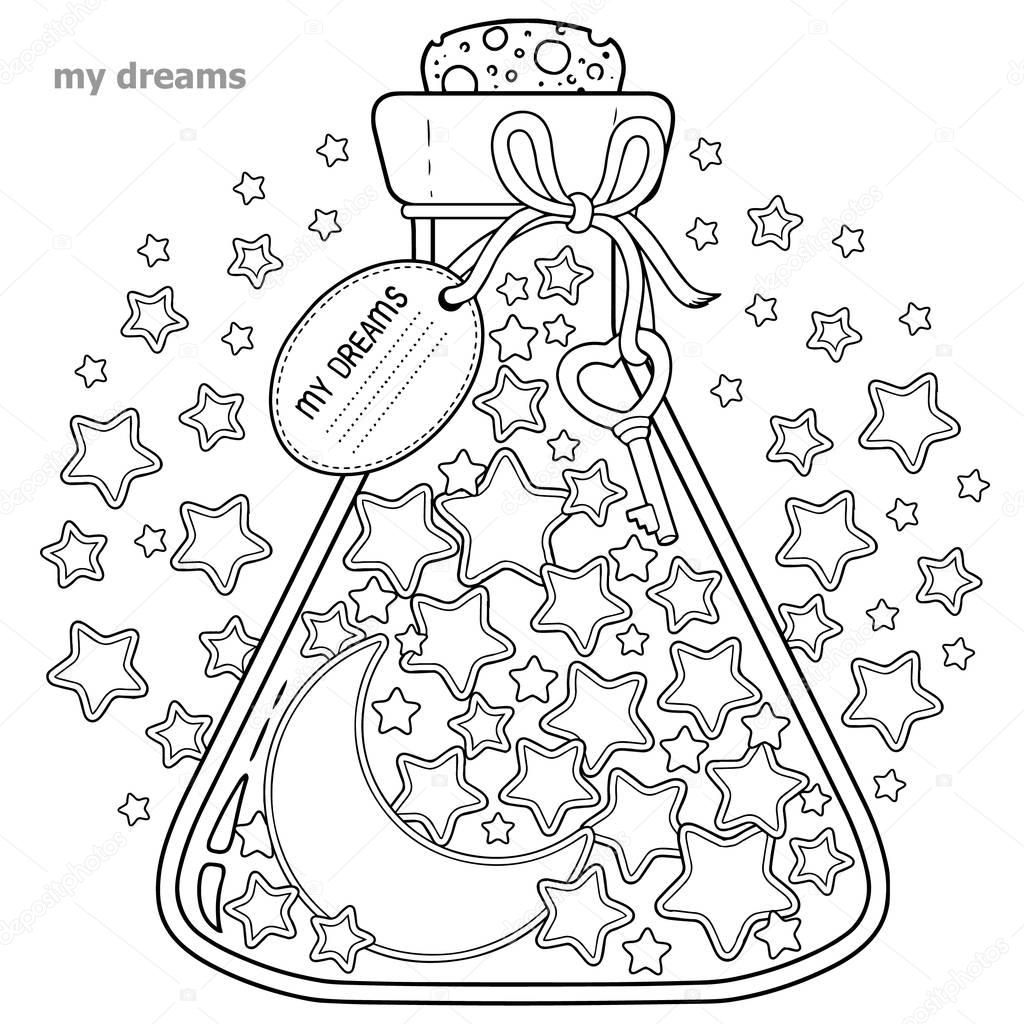 Vector Coloring book for adults. A glass vessel with dreams. A bottle with stars and moon