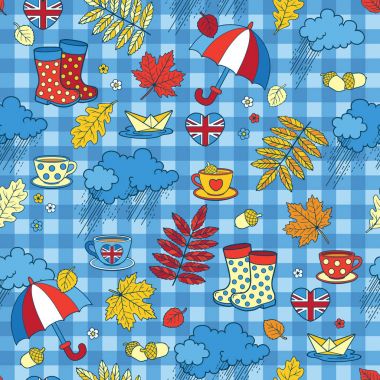 Vector seamless pattern. I love London and tea time. Design for background and wallpaper with rain, boots, leaves, a cup of tea, big ben tower london, Victoria Tower, clipart