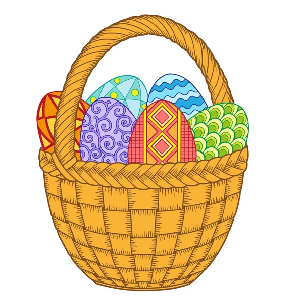Счастливой Пасхи Яркие Пасхальные Яйца Корзине Изолированы Белом Фоне Векторные — стоковый вектор