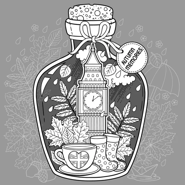 Coloring Book Adults Glass Vessel Autumn Memories Dreams Trip London — Stock Vector