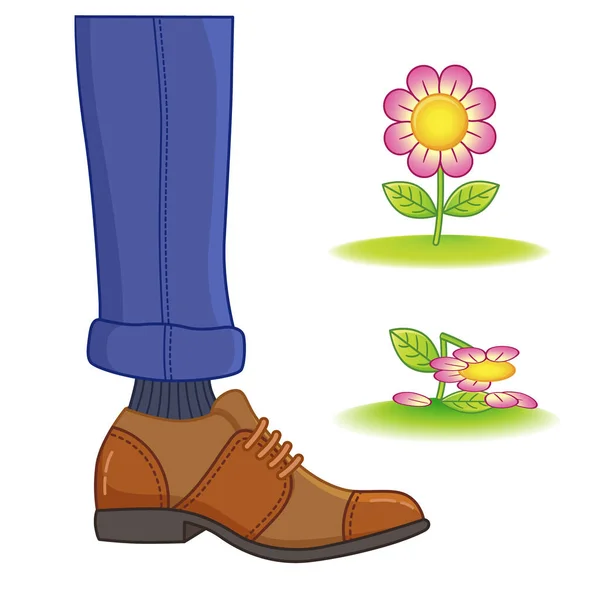 Pie Hombre Zapatos Pisa Una Flor Destrucción Naturaleza Ecología Especies — Vector de stock