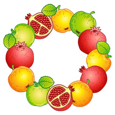 Vektör çizimi. Olgun elma, nar ve armuttan oluşan yuvarlak bir çerçeve. Şükran Günü. Rosh hashanah Yahudi Yeni Yıl Tatili.